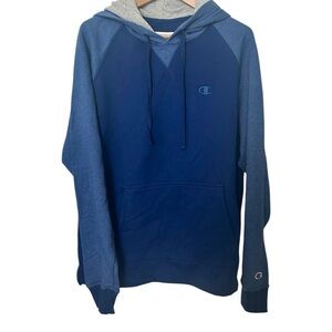 Champion Men’s Powerblend Hoodie Blue & Gray Size Medium Striped Sleeves